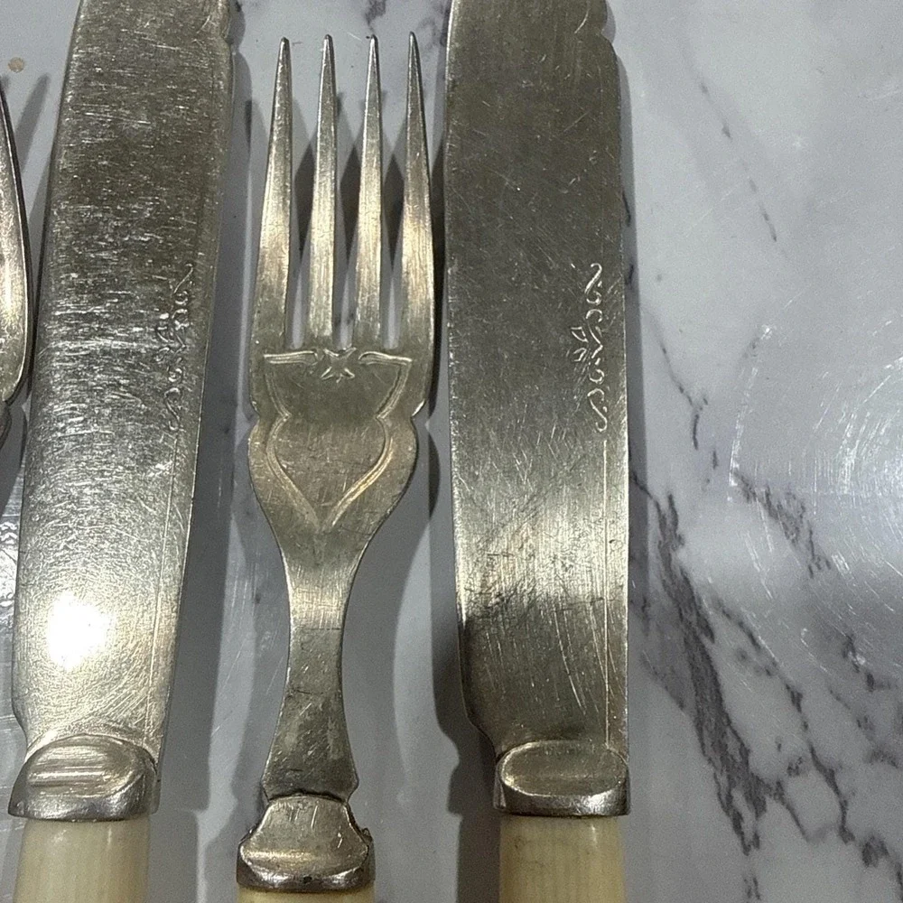 6 Sets Antique Fish Serving Knife & Fork Silver Plate Celluloid Handles D&S G